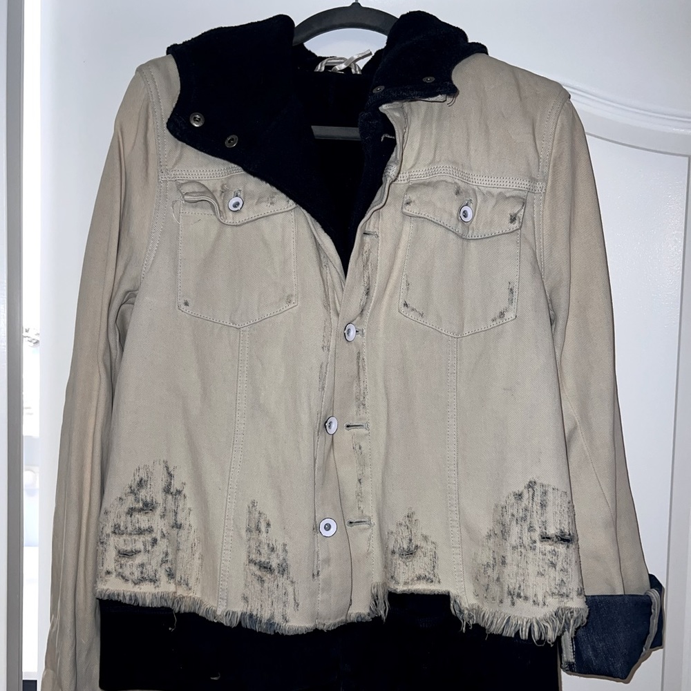 Free People Distressed Hoodie Denim Jacket